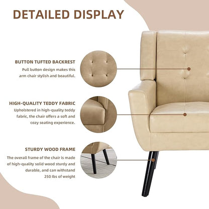 Dolonm Midcentury Modern Leather Accent Chair with Arms, Upholstered Reading Side Chair Tufted Back Decorative Wingback Chair for Living Room Bedroom (Khaki-PU)