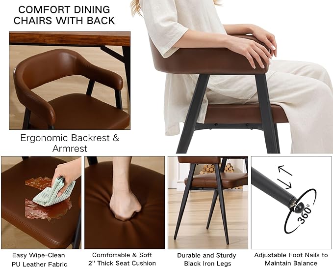 HNY Modern Dining Room Arm Chairs Set of 4, Retro Faux Leather Upholstered Barrel Dining Chairs with Arms Mid-Century Brown Accent Chair with Metal Legs, Open-Back Kitchen Side Chair for Living Room