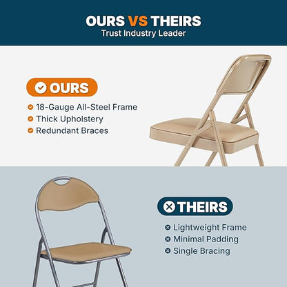 OEF Furnishings OEF1200 Series Premium Heavy Duty Vinyl Padded Folding Chairs, Commercial Grade 500 lb Capacity (4-Pack, French Beige)