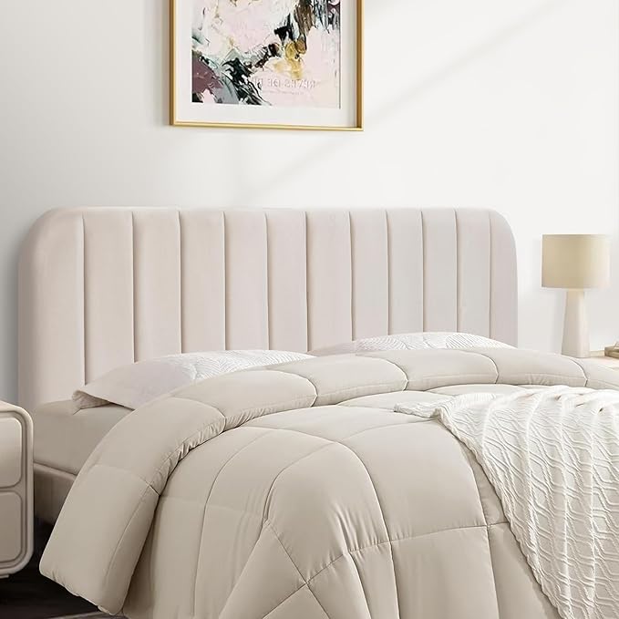 Upholstered Headboard - Striped Interval - Adjustable Height - Metal Legs - Bed Frame (Beige, King (U.S. Standard))