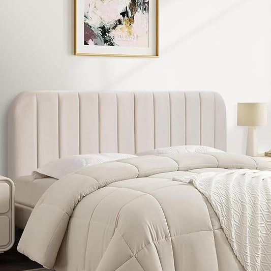 Upholstered Headboard - Striped Interval - Adjustable Height - Metal Legs - Bed Frame (Beige, Queen (U.S. Standard))