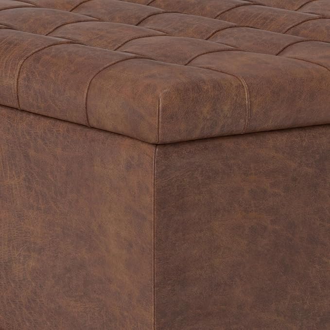 SIMPLIHOME Harrison 30 inch Wide Transitional Square Small Coffee Table Storage Ottoman in Distressed Saddle Brown Vegan Faux Leather, Assembled, for The Living Room and Bedroom