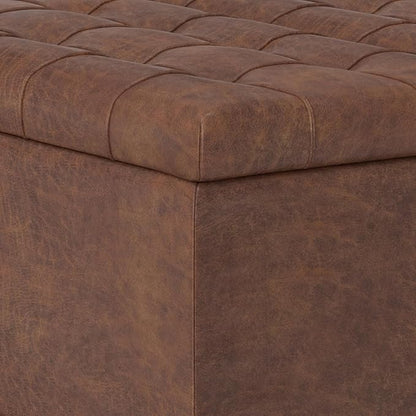 SIMPLIHOME Harrison 30 inch Wide Transitional Square Small Coffee Table Storage Ottoman in Distressed Saddle Brown Vegan Faux Leather, Assembled, for The Living Room and Bedroom