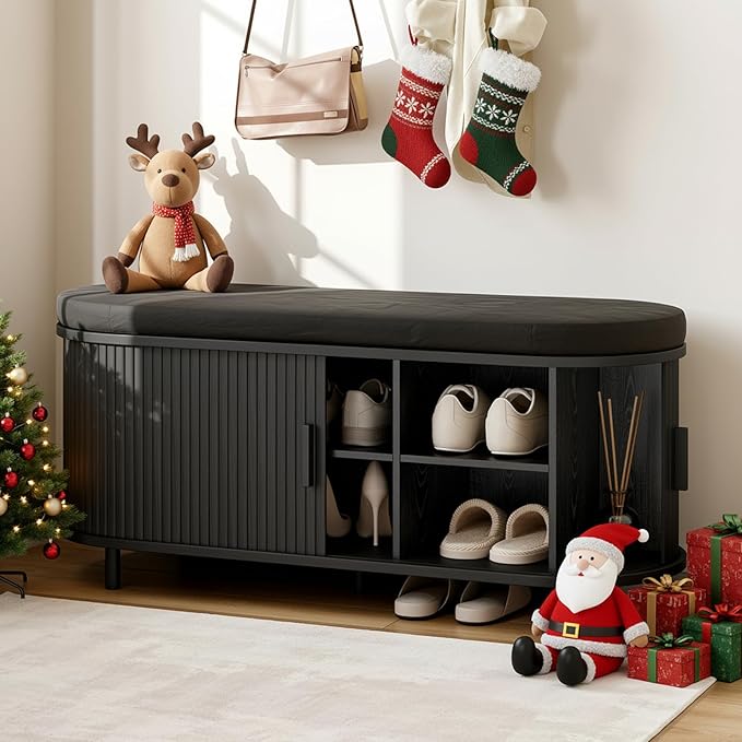 ONBRILL 43" Shoe Bench with Storage, Fluted Shoe Storage Bench with Cushion, Sliding Door and Adjustable Shelf, for Entryway, Hallway, Living Room (Black)