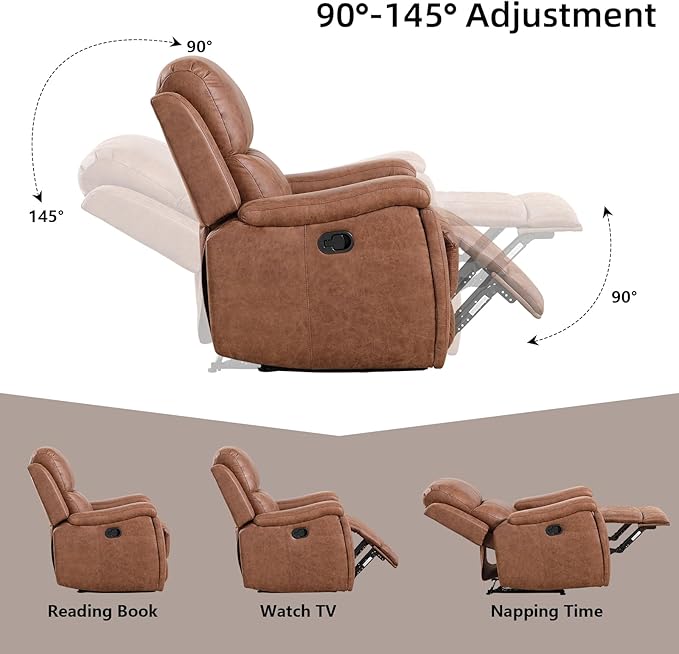 Leather Recliner Chair, Manual Recliner Chair for Adults with Overstuffed Arms and Back, Single Sofa Recliner with Cup Holders for Living Room Set of 2, Brown