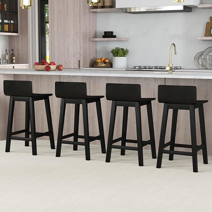 COSTWAY Solid Wood Bar Stools Set of 4, 24.5-inch Counter Height Chairs with Low Back and Footrest, Farmhouse Wooden Armless barstools for Kitchen Island, Dining Room, Cafe, Breakfast, Black