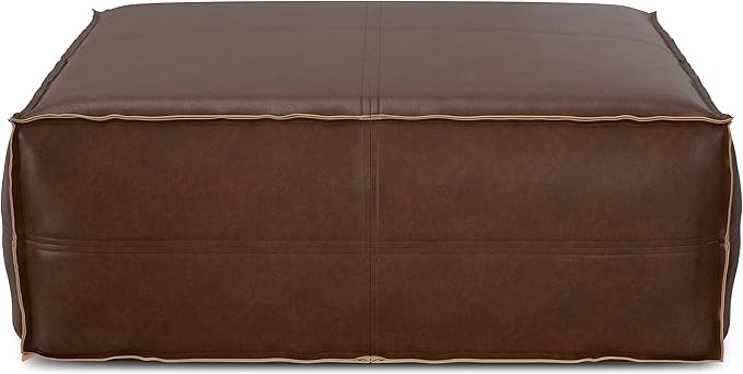 SIMPLIHOME Brody 36-inch Wide Extra Large Square Coffee Table Pouf in Distressed Dark Brown Vegan Faux Leather, Boho-Style Ottoman, Footrest, or Extra Seating for Living Room, Assembled