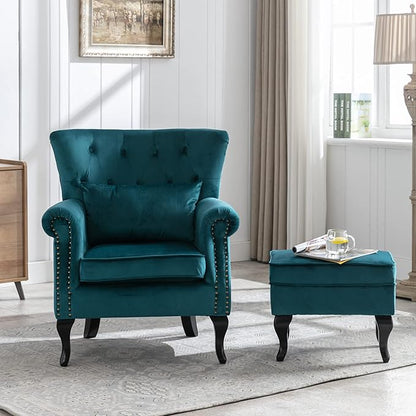 chairus Mid-Century Modern Accent Chair with Ottoman, Comfy Velvet Single Sofa Chair Button Tufted Wingback Armchair with Pillow for Living Room/Bedroom/Club - Teal