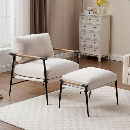 LukeAlon Mid-Century Chenille Accent Chairs with Ottoman Set of 2, Soft Living Room Chairs with Metal Legs Modern Upholstered Armchairs Lounge Chair with Footstool for Bedroom Reading Room, Beige