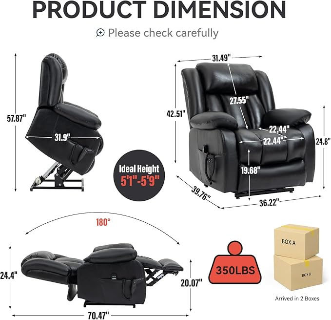 Luxlen Electric Power Lift Recliner Chair with Vibration Massage and Heat, Leather Reclining Chairs for Elderly with Remote Controls, Side Pockets, Big and Tall Recliner, Black