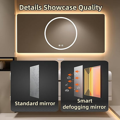 44IN Bathroom Vanity with Sink - Bathroom Cabinet Set has 2 Drawers & Overflow Hole Wall Mounted | LED Practical Defogging Mirror, Open Compartments, Seamless Rock Slab Basin (Cream White)