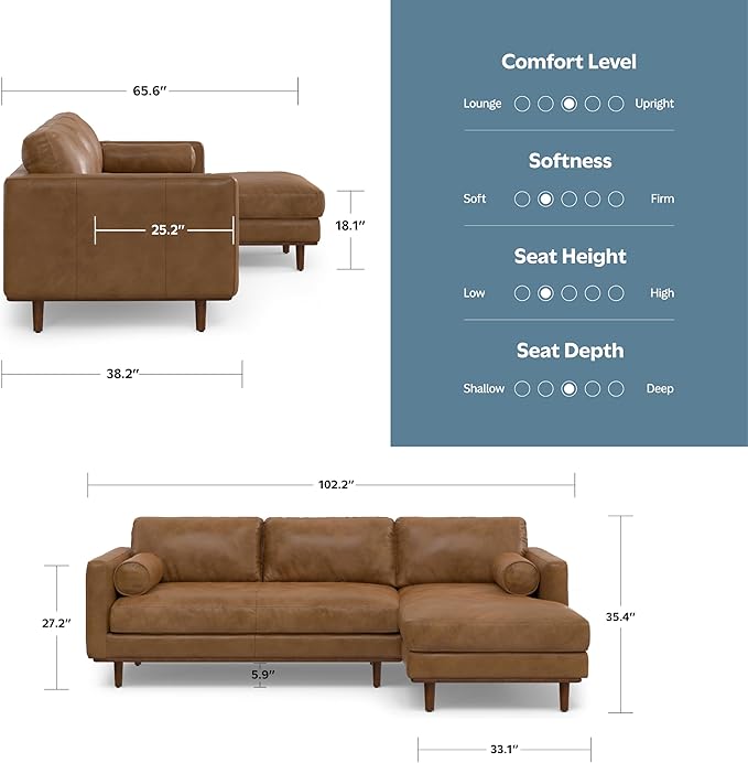 SIMPLIHOME Morrison Right Sectional Sofa in Full-Grain Genuine Leather, Caramel Brown, 102-inches Wide, L-Shaped Leather Couch with Right Chaise for the Living Room and Family Room