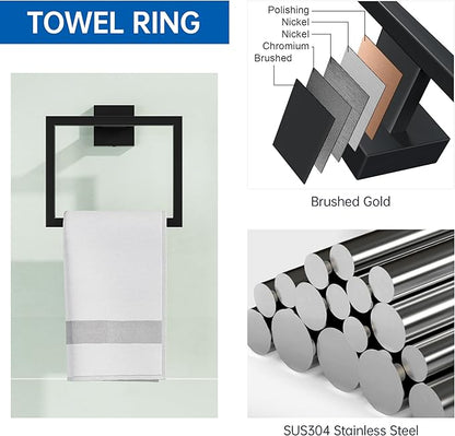 5-Pieces Bathroom Hardware Set, SUS304 Stainless Steel Wall Mounted 23.6 Inch Towel Bar, Toilet Paper Holder, Towel Hooks, Bathroom Towel Bar Set (Matte Black (Type 2), 5 Piece-23.6 inch)