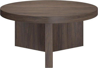 Henn&Hart 32" Fluted Round Low-Profile Coffee Table with Ribbed Pedestal Base Living Room, Family Room, Office, or Apartment, Alder Brown