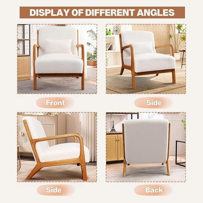 Accent Chair Mid Century Modern Chair Sherpa Fabric Living Room Chairs with Solid Wood Frame Comfy Upholstered and Lumbar Pillow Reading Side Chair Easy Assembly for Bedroom (2, White)