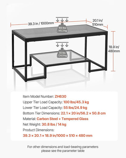 VEVOR Coffee Table, Modern Tempered Glass Coffee Table with Lighting, 2 Tiers Rectangle Glass Center Desk with Open Storage, Minimalist Metal Accent End Desk for Living Room, Office, Easy Assembly
