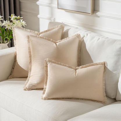 FUTEI Beige Velvet Decorative Throw Pillow Covers 22x22 Set of 2,Soft Cozy Edge with Tassels Cushion Case,Boho Modern Home Decor for Couch Bed Living Room