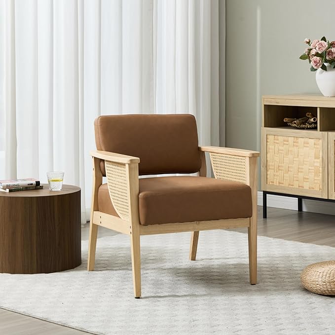 Mid Century Modern Accent Chair Set of 2, Rattan Armchair with Wood Legs Living Room Chair PU Leather Upholstered Lounge Chair for Bedroom Reading Room, Brown