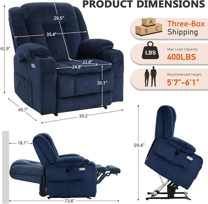 EONIX Lay Flat Power Lift Recliner Chair with Heat and Massage, Dual Motor Electric Lift Chair for Elderly for Postoperative Recovery, 400lbs Heavy Duty, Cup Holders, Lumbar Pillow, Navy Blue