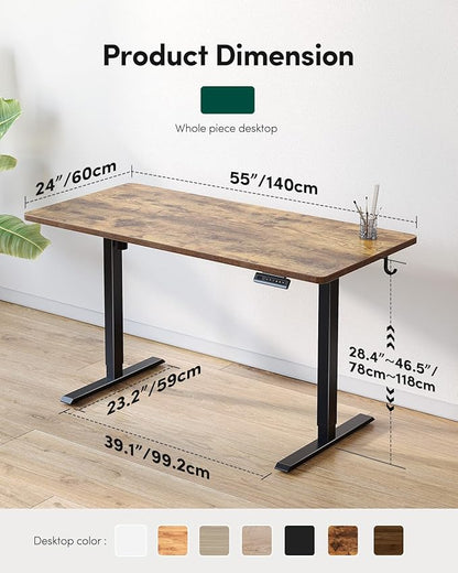 FEZIBO One-Piece Standing Desk Adjustable Height Stand up Home Office Desk, 55x24 Inch Electric Standing Computer Desk, with 4 Memory Presets, Headphone Hook, Rustic Brown