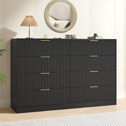 Black Dresser for Bedroom with 8 Drawer, 55” Wide Fluted Double Drawer Dresser Modern Chest of Drawers with Gold Handle, Wood TV Stand for Bedroom, Living Room, Black