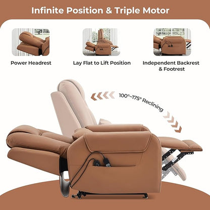 CHITA Electric Power Lift Recliner Chair for Elderly with Massage and Heat, Large Lay Flat Genuine Leather Recliner Chair with Cup Holders, USB Ports, Power Headrest, Independent Backrest, Saddle