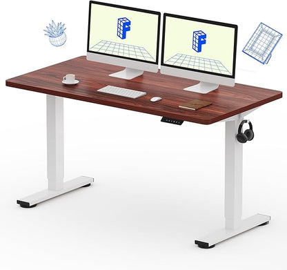 FLEXISPOT EN1 One-Piece Standing Desk, 55 x 28 Inches Electric Height Adjustable Desk for Home Office (White Frame + Mahogany Desktop, 2 Packages)