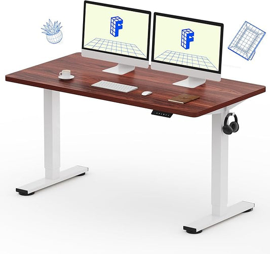 FLEXISPOT EN1 One-Piece Standing Desk, 55 x 28 Inches Electric Height Adjustable Desk for Home Office (White Frame + Mahogany Desktop, 2 Packages)