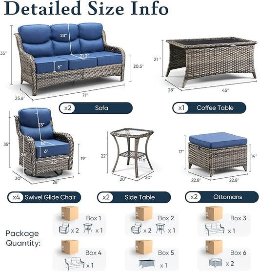 Belord Luxury 6" Thick Cushioned 11 Pieces Patio Furniture Set with Outdoor Couch, Wicker Outdoor Conversation Set with High Back Swivel Rocker Chairs for Deck Porch Yard and Poolside - Grey+Blue