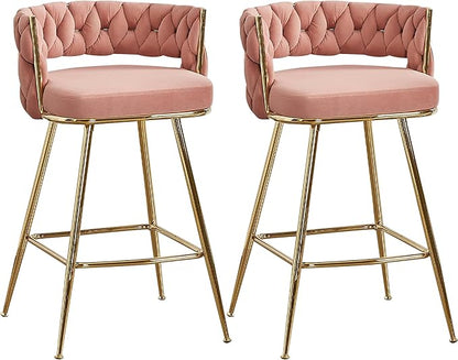 VECELO Bar Stools Set of 2, Counter Height Bar Stools, 26 inch Seat Barstools with Woven Back and Footrest for Kitchen Island Counter, Pink
