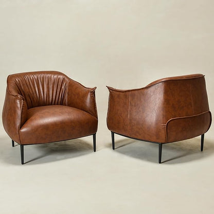 KINWELL 33" W Faux Leather Barrel Chairs Set of 2 with Hand-Tufted Pleated Back Flared Arms, Modern PU Upholstered Accent Chairs with Metal Legs, Large Armchairs Lounge Chairs for Living Room, Brown