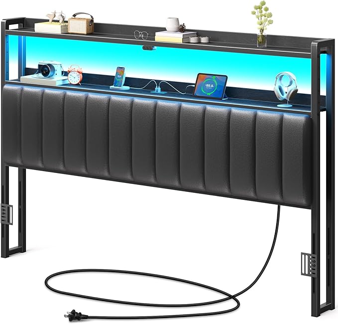 Rolanstar Headboard for King Size Bed with Storage, 60,000 DIY Color of LED Light, Head Board with USB & Type C Port, Height Adjustable, Black Upholstered Cabeceras de Cama Comfortable Modern, Leather