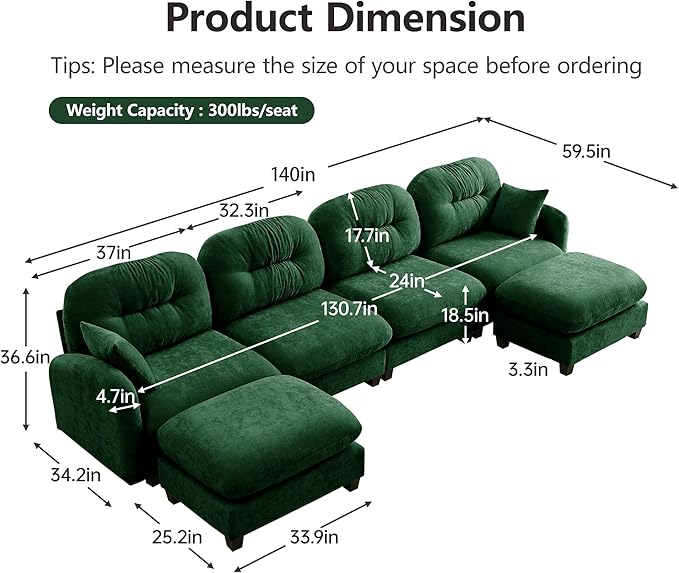 140" U Shaped Couch for Living Room, Comfy Chenille Fabric Cloud Sectional Couch, Modern Upholstered Deep Seat Sofa with Pillow and 2 Movable Ottoman, Oversized 4 Seater Sectional Sofa, Green