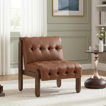 HEAH-YO Accent Chair Set of 1,Modern Vintage Living Room Chair for Bedroom with Button Tufted Back and Wood Legs,Upholstered Comfy Reading Chair for Makeup Vanity Cafe,PU Brown