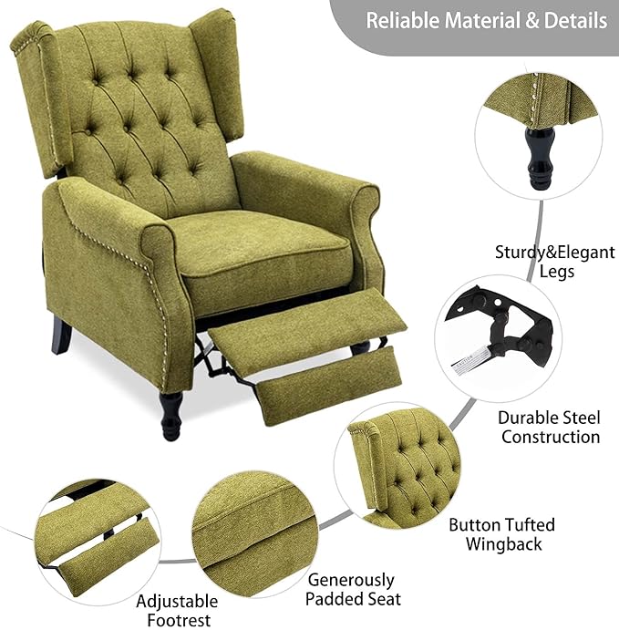 Wingback Recliner Chair, Modern Accent Arm Chair for Living Room/Bedroom/Office/Home Theater, Dark Green