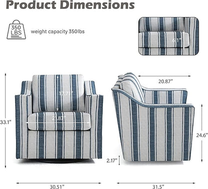 UIXE Swivel Accent Chairs Set of 2, Fabirc Upholstered Arm Chair for Living Room, Modern Club Armchair Comfy Single Sofa Bedroom Reading Seat with Lumbar Pillow - Navy Blue Stripe