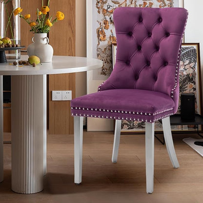 Velvet Upholstered Dining Chairs Set of 8, Modern Kitchen Side Chairs with Nailhead Trim and Silver Plated Leg, Metal Pulling Ring for Dining Room Living Room(Purple-Silver Plated Leg)