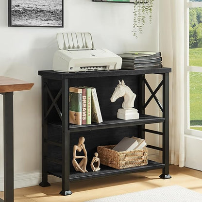 HOMBAZAAR Book Shelf,3 Tier Small Bookshelf with Metal Frame and Backboard,Black Deep Bookcase with Engineered Wood Shelves,Short Shelf Bookcase for Living Room,Bedroom and Office