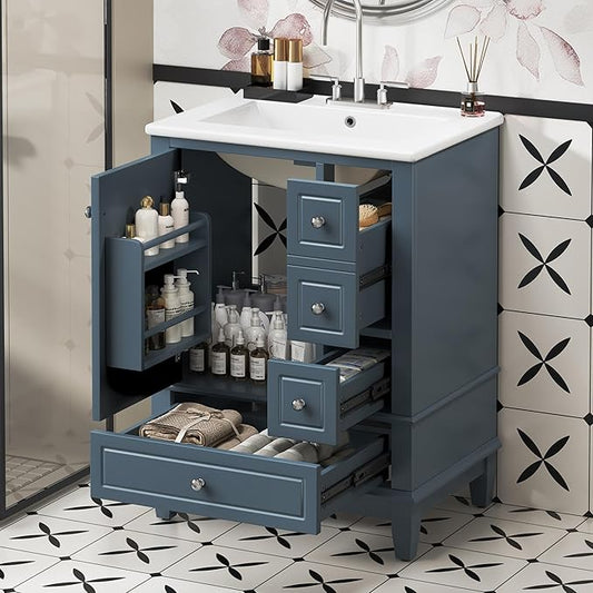 24 Inch Bathroom Vanity with Sink, Freestanding Bathroom Sink Cabinet with 3 Drawers and Storage Door Rack Organizer, Solid Wood Legs, Blue Gray