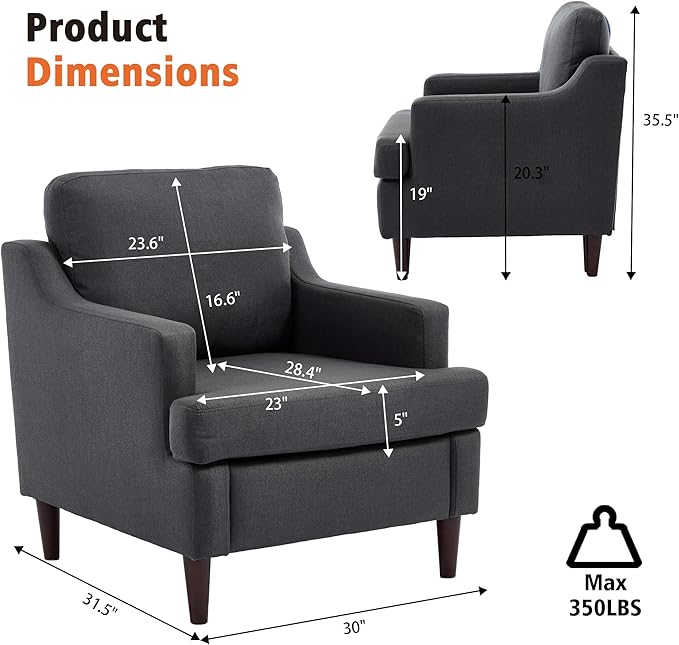 Mid-Century Accent Chair Modern Linen Fabric Armchair for Living Room,Comfy Upholstered Reading Chairs for Bedroom,Single Sofa Chair with Wood Legs (Darkgrey, Set of 2)