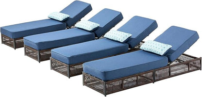 Luxury Outdoor Chaise Lounges with 5 Inch Thickened Cushions - Set of 4 High Back Brown Wicker Patio Recliners Rattan Reclining Chairs Porch Poolside Pool Sunbathing Lounger - Navy Blue