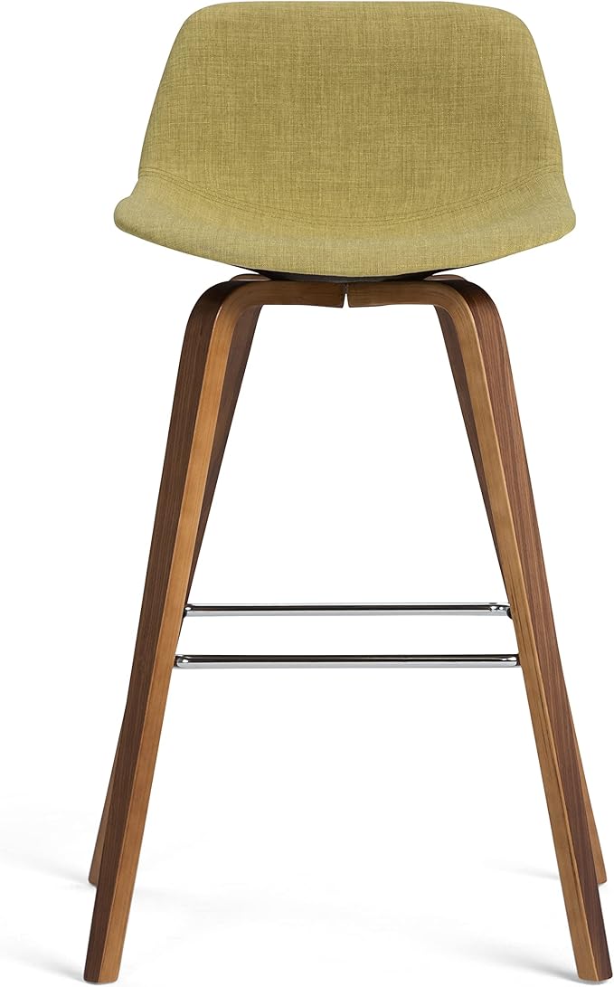 SIMPLIHOME Randolph Counter Stools (Set of 2) - 28 Inch Seat Height Upholstered Bentwood Kitchen Seats in Acid Green Linen Look Fabric, Mid Century Modern Seating with Curved Backrest and Footrest