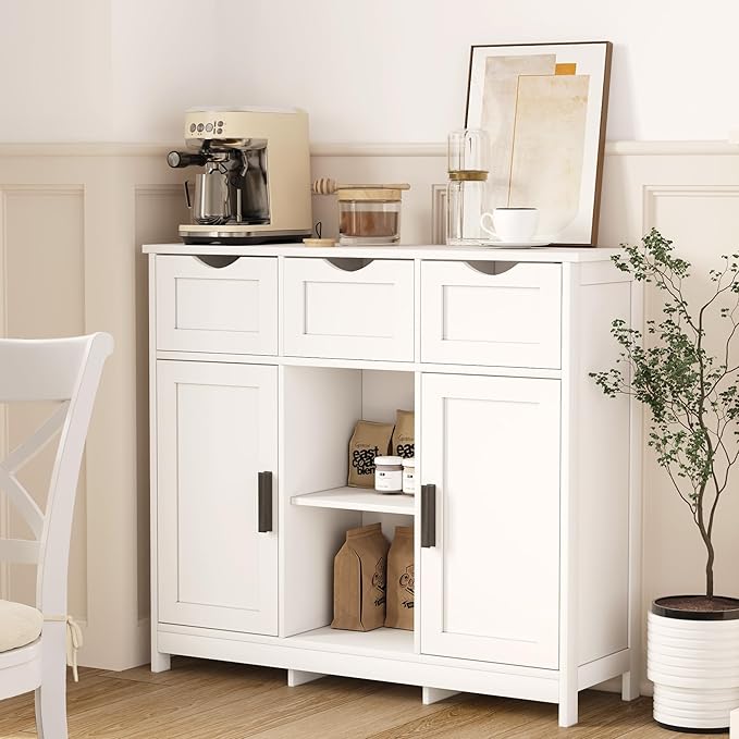 Sideboard Floor Storage Cabinet - Wooden Storage Organizer with 2 Doors and 3 Drawers, Free Standing Accent Buffet Cabinet with Adjustable Shelves for Living Room, Kitchen,Bathroom (White)
