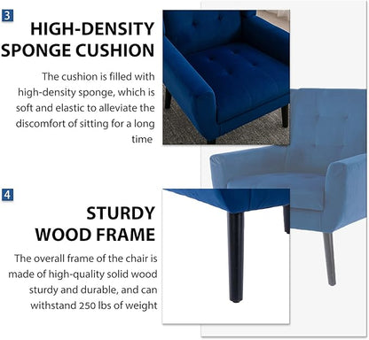Dolonm Midcentury Modern Velvet Accent Chair with Arms, Upholstered Reading Side Chair Tufted Back Decorative Wingback Chair for Living Room Bedroom (Blue - Velvet)