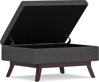 SIMPLIHOME Owen 34 inch Wide Mid Century Modern Rectangle Coffee Table Storage Ottoman in Slate Grey Linen Look Fabric, Assembled, For the Living Room, Entryway and Family Room
