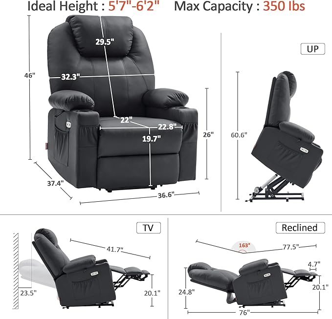 MCombo Dual Motor Large Power Lift Recliner Chair for Elderly, Lay Flat Lift Chair with Heat and Massage, Big Lift Recliner for Tall People, Faux Leather 7815 (Black, Large)