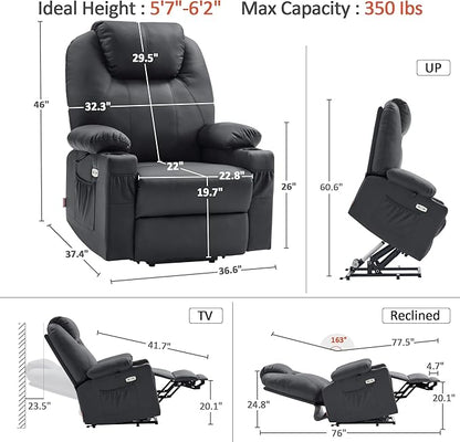 MCombo Dual Motor Large Power Lift Recliner Chair for Elderly, Lay Flat Lift Chair with Heat and Massage, Big Lift Recliner for Tall People, Faux Leather 7815 (Black, Large)