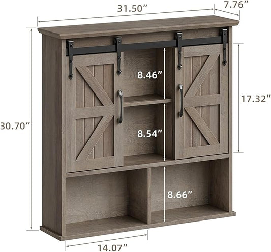Vabches Bathroom Wall Cabinet, Farmhouse Wooden Medicine Cabinet with Double Sliding Barn Door and Adjustable Shelves, Farmhouse Storage Cabinet Wall Mounted for Bathroom, Kitchen Dining, Washed Oak