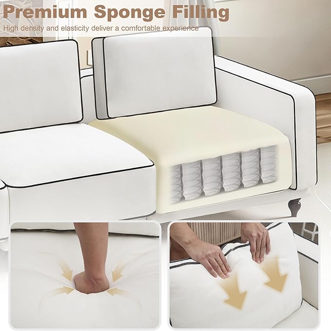 112" 3 Seater Cloud Couch with Ottoman,Modular Sectional L Shaped Sofa with Armrests Wooden Legs,Oversized Deep Seat Comfy Thicked Cushion Upholstered Sofa for Living Room Bedroom,White
