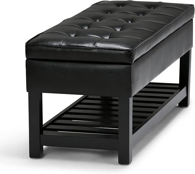 SIMPLIHOME Cosmopolitan 44 inch Wide Transitional Rectangle Storage Ottoman Bench with Open Bottom in Midnight Black Vegan Faux Leather, Assembled for the Living Room and Bedroom